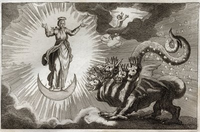 Biblia Royaumonta, Nowy Testament: Bete Objawienia. Św. Jan widzi potworną bestię z siedmioma głowami i dziesięcioma rogami oraz brzemienną kobietę otoczoną światłem, pod której stopami znajduje się księżyc, a na jej głowie korona z dwunastu gwiazd. Ilustr autorstwa Unknown artist