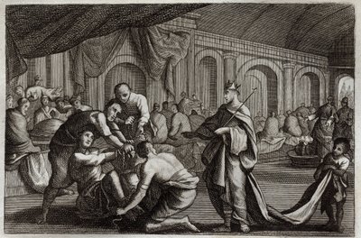 Biblia Royaumont, Nowy Testament: Suknia ślubna. Przypowieść o królu, który dokonał ślubu swego syna, z którego odrzucił mężczyznę, który nie miał sukni ślubnej. Ilustracja z 1811 roku. autorstwa Unknown artist
