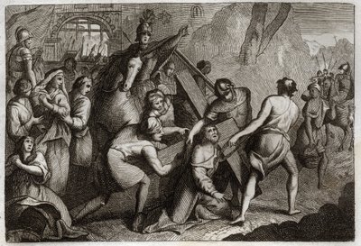 Biblia Royaumont, Nowy Testament: Niesienie krzyża (Droga Krzyżowa). Jezus Chrystus niesie swój krzyż na Górę Kalwarię z pomocą Szymona Cyrenejczyka (Cyrenejczyka). Ilustracja z 1811 roku. autorstwa Unknown artist