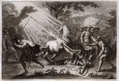Biblia Royaumont, Nowy Testament: Nawrócenie św. Pawła w drodze do Damaszku. Słyszy głos Jezusa Chrystusa, który mówi do niego „Wilow, Willow, who persequeris me”” (Saulu, Saulu, dlaczego mnie prześladujesz?) i upadek konia. Ilustracja z 1811 roku. autorstwa Unknown artist