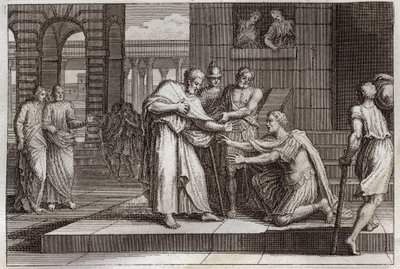 Biblia Royaumonta, Nowy Testament: Korneliusz chrzci. Wrona setnik przyjmuje wiarę Jezusa Chrystusa i zostaje ochrzczona przez św. Piotra. Ilustracja z 1811 roku. autorstwa Unknown artist