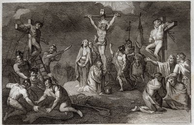 Biblia Royaumont, Nowy Testament: Ukrzyżowanie Jezusa Chrystusa. Matka Boska, św. Maria Magdalena i św. Jan pod krzyżem, św. Longin setnik (św. Longin) z włócznią, żołnierze w tunice Chrystusa. Po bokach repr autorstwa Unknown artist