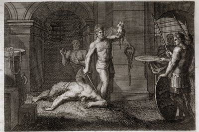 Biblia Royaumont, Nowy Testament: Dekolacja św. Jana Chrzciciela. Jeden kładzie głowę na płaskowyżu. Ilustracja z 1811 roku. autorstwa Unknown artist
