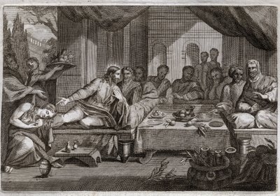 Biblia Royaumont, Nowy Testament: Kolacja u Szymona Faryzeusza. Maria Magdalena poszła płakać u stóp Jezusa Chrystusa u Szymona faryzeusza i uzyskała przebaczenie grzechów. Namaszcza maścią stopy Chrystusa i wyciera je włosami. Il autorstwa Unknown artist
