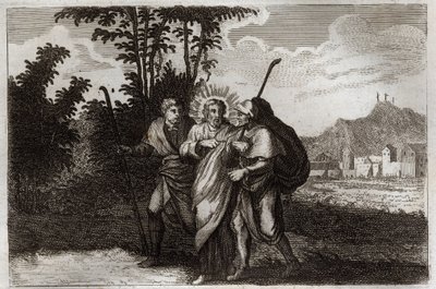Biblia Royaumont, Nowy Testament: Uczniowie z Emaus. Dwaj uczniowie z Emaus) spotykają zmartwychwstałego Chrystusa. Ilustracja z 1811 roku. autorstwa Unknown artist