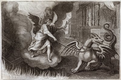 Biblia Royaumonta, Nowy Testament: Smocze Łańcuchy. Smok Apokalipsy, symbol Diabła, jest przykuty łańcuchem przez Anioła trzymającego klucz abime. Ilustracja z 1811 roku. autorstwa Unknown artist