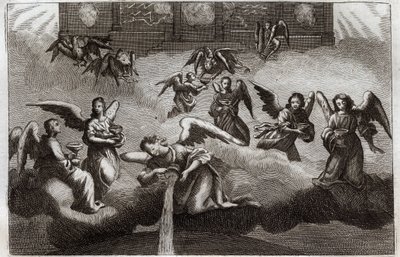 Biblia Royaumonta, Nowy Testament: Smok Objawienia. Siedmiu Aniołów wylewa na ziemię zawartość swojego kielicha, symbolu Bożego gniewu. Ilustracja z 1811 roku. autorstwa Unknown artist