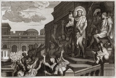 Biblia Royaumonta, Nowy Testament: Ecce homo. Poncjusz Piłat (Pontius Pilatus) przedstawia tłumowi Jezusa Chrystusa cierniami mówiąc: „Oto Człowiek”. Ilustracja z 1811 roku. autorstwa Unknown artist