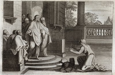 Biblia Royaumont, Nowy Testament: Jezus Chrystus i żona Kanaanu (Kanan lub cudzoziemka). Chłopka prosi Pana o pomoc w uzdrowieniu jej córki. Chrystus odpowiedział mu: „Posłano mnie tylko do zagubionych owiec z domu Izraela”. Ilustracja z autorstwa Unknown artist
