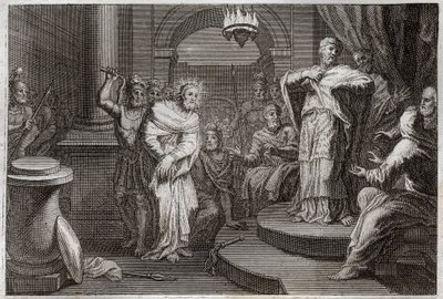 Biblia Royaumont, Nowy Testament: Jezus Chrystus przed Kajfem i Ananem (Hanan lub Anne lub Hanne). Ilustracja z 1811 roku. autorstwa Unknown artist