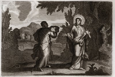 Biblia Royaumont, Nowy Testament: Jezus Chrystus na pustyni. Jezus zostaje wypędzony na pustynię. Młody czterdzieści dni i czterdzieści nocy. Jest kuszony przez demona, który zaprasza go do zamiany kamieni w chleb. Ilustracja z 1811 roku. autorstwa Unknown artist