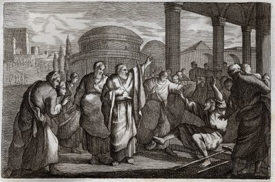 Biblia Royaumont, Nowy Testament: Lame gueri. Św. Paweł wojuje kulawy i aresztuje lud, który chciał złożyć mu ofiarę jak Bóg. Ilustracja z 1811 roku. autorstwa Unknown artist