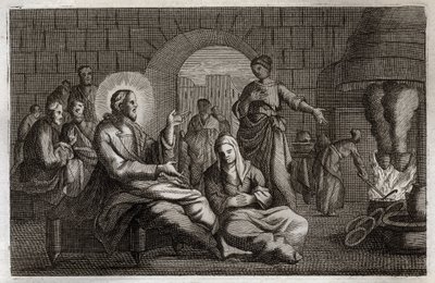 Biblia Royaumont, Nowy Testament: Marta i Maria. Jezus Chrystus wchodzi do domu Marty, która spieszy, aby go przyjąć, podczas gdy jego siostra Maria z Betanii wysłuchuje jego słowa. Ilustracja z 1811 roku. autorstwa Unknown artist