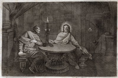 Biblia Royaumont, Nowy Testament: Nikodema przychodzi nocą, aby znaleźć Jezusa Chrystusa. Ilustracja z 1811 roku. autorstwa Unknown artist