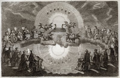 Biblia Royaumont, Nowy Testament: Otwórz Niebo. Pojawia się tron otoczony lwem, wołem, człowiekiem i orłem (tetramorfa) oraz siedmioma lampami. Wizję tę otaczają dwudziestu czterech starych ludzi siedzących na tronach. Ilustracja z 1811 roku. autorstwa Unknown artist