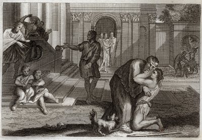 Biblia Royaumont, Nowy Testament: Przypowieść o dziecku marnotrawnym. Syn wraca do domu po tym, jak wyjechał i stracił cały swój dobytek. Przychodzi prosić ojca o przebaczenie. Ilustracja z 1811 roku. autorstwa Unknown artist