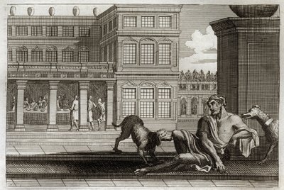 Biblia Royaumont, Nowy Testament: Przypowieść o złych bogaczach przedstawia przy stole z tyłu i Łazarza żebraka, którego psy bogatych liżą rany. Ilustracja z 1811 roku. autorstwa Unknown artist