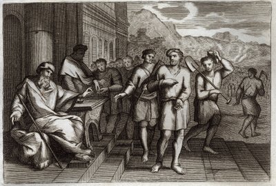 Biblia Royaumont, Nowy Testament: Przypowieść o pracownikach winorośli lub przypowieść o pracownikach jedenastej godziny. Pracownicy, których Ojciec rodziny wysyła do pracy w swojej winnicy. Ilustracja z 1811 roku. autorstwa Unknown artist