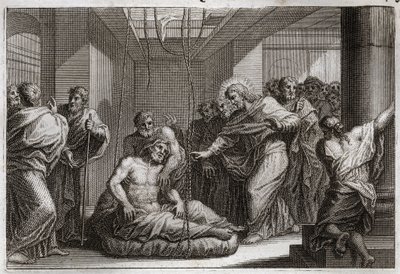 Biblia Royaumonta, Nowy Testament: paraliż. Jezus Chrystus wezwał św. Mateusza i uzdrowił paralityka w Kafarneum. Ilustracja z 1811 roku. autorstwa Unknown artist