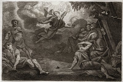 Biblia Royaumont, Nowy Testament: Pastorzy w Crech. Anioł zwiastuje pasterzom narodziny Jezusa Chrystusa (Zwiastowanie pasterzom). Ilustracja z 1811 roku. autorstwa Unknown artist