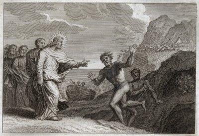 Biblia Royaumont, Nowy Testament: Possede gueri. Jezus Chrystus uzdrowił opętanego, którego demon rozwścieczył. Ilustracja z 1811 roku. autorstwa Unknown artist