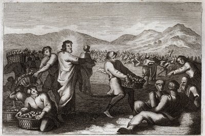 Biblia Royaumont, Nowy Testament: Rozmnażanie bochenków. Jezus Chrystus rozmnaża pięć chlebów i karmi pięć tysięcy ludzi. Ilustracja z 1811 roku. autorstwa Unknown artist