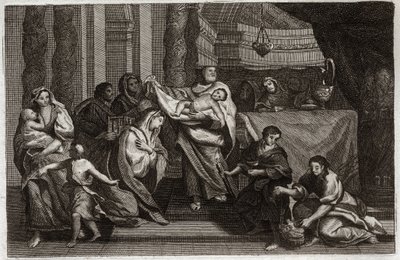 Biblia Royaumont, Nowy Testament: Oczyszczenie Dziewicy lub prezentacja w Świątyni. Święta Rodzina ofiarowuje Jezusa Chrystusa Świątyni i przekazuje go Symeonowi (lub Symeonowi lub Szymonowi). Kobieta trzyma dwa gołębie w koszu. Ilustracja z 1811 roku. autorstwa Unknown artist