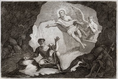Biblia Royaumonta, Nowy Testament: Zmartwychwstanie. Jezus Chrystus wstaje ze swego grobu pod podziwem rzymskich żołnierzy, którzy zasnęli. Ilustracja z 1811 r. (rycina) autorstwa Unknown artist