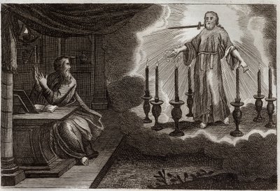 Biblia Royaumont, Nowy Testament: Objawienia św. Jana w Apokalipsie. Jezus Chrystus pojawia się w Świętym Janie między siedmioma złotymi świecznikami, z siedmioma gwiazdami w prawej ręce i mieczem wychodzącym z ust. Ilustracja z 1811 roku. autorstwa Unknown artist