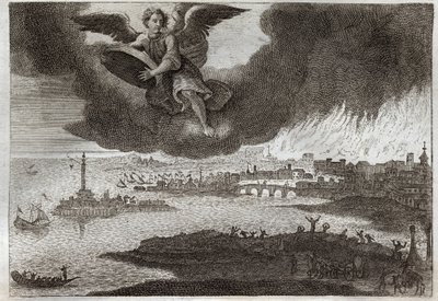 Biblia Royaumont, Nowy Testament: Ruiny Babilonu. W ogniu Babilonu anioł rzuca w morze kamień, symbolizujący zniszczenie tego miasta podczas Objawienia. Ilustracja z 1811 roku. autorstwa Unknown artist