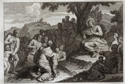 Biblia Royaumont, Nowy Testament: Kazanie na górze. Jezus Chrystus wybiera spośród swoich uczniów dwunastu Apoterów i wygłasza przed nimi i wielkim ludem Kazanie, które zwykle nazywa się Kazaniem na Górze. Ilustracja z 1811 roku. autorstwa Unknown artist