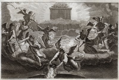 Biblia Royaumont, Nowy Testament: Siedmiu Aniołów grających w trąby Objawienia po otwarciu przez Baranka siódmej pieczęci księgi. Inny Anioł bierze kadzielnicę, napełnia ją ogniem Ołtarza i rzuca na ziemię. Ilustracja z autorstwa Unknown artist