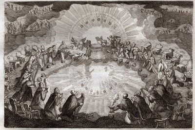 Biblia Royaumont, Nowy Testament: Siedem pieczęci księgi otwartej przez Baranka. Dwudziestu czterech starszych upada przed tronem w otoczeniu lwa, wołu, człowieka i orła (tetramorfa) oraz siedmiu lamp. Ilustracja z 1811 roku. autorstwa Unknown artist