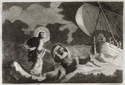 Biblia Royaumont, Nowy Testament: Św. Piotr chodzi po wodzie. Jezus Chrystus kroczy po morzu i sprawia, że chodzi tam św. Piotr. Ilustracja z 1811 roku. autorstwa Unknown artist
