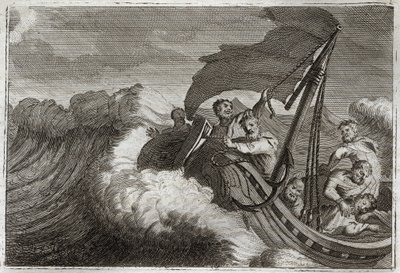 Biblia Royaumont, Nowy Testament: Tempete ugłaskane. Apoterzy dziwią się burzy obudzonej przez Jezusa Chrystusa, który spał na ich statku, a także uspokaja Morze Galilejskie. Ilustracja z 1811 roku. autorstwa Unknown artist