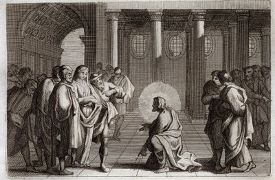Biblia Royaumont, Nowy Testament: Cudzołożnica. Jezus Chrystus bosko łudzi się z pułapek, które zastawili na niego Żydzi, pytając go, co należy zrobić z kobietą przyłapaną na cudzołóstwie, mówiąc: „Niech ten z was, który jest bez grzechu, rzuci autorstwa Unknown artist