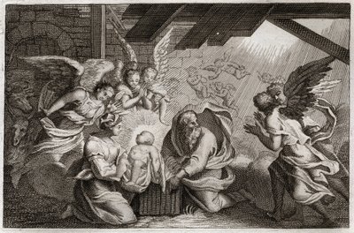 Biblia Royaumont, Nowy Testament: Narodzenia. Jezus Chrystus narodził się z Najświętszej Maryi Panny w stajni w Betlejem. Ilustracja z 1811 roku. autorstwa Unknown artist