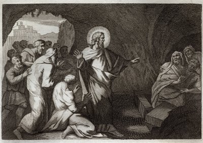 Biblia Royaumont, Nowy Testament: Zmartwychwstanie Łazarza przez Jezusa Chrystusa. Ilustracja z 1811 roku. autorstwa Unknown artist