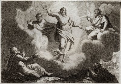 Biblia Royaumont, Nowy Testament: Przemienienie Jezusa Chrystusa. Chrystus otacza Mojżesza i Eliasza, a poniżej apostoła św. Jana, Piotra i Jakuba. Ilustracja z 1811 roku. autorstwa Unknown artist