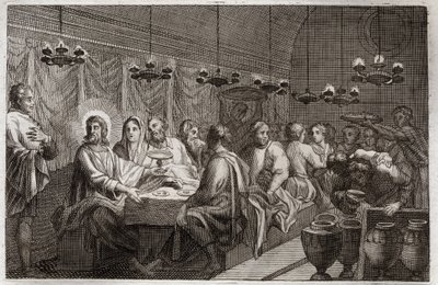 Biblia Royaumont, Nowy Testament: Wesele w Kanie. Pierwszy cud Jezusa Chrystusa, który zamienił wodę w wino. Ilustracja z 1811 roku. autorstwa Unknown artist