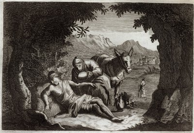 Biblia Royaumont, Nowy Testament: Przypowieść o dobrym Samarytaninie. Samarytanin zatrzymał się w drodze, aby uratować mężczyznę w potrzebie. Ilustracja z 1811 roku. autorstwa Unknown artist