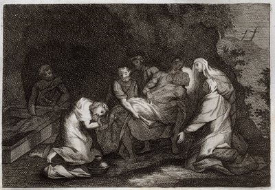 Biblia Royaumonta, Nowy Testament: Grób. Grób Jezusa Chrystusa. Wśród postaci otaczających ciało Jezusa Chrystusa: Dziewica Maryja, św. Nikodema, św. Józef z Arymatei, św. Jan Ewangelista i św. Maria Magdalena. Ilustracja z 18 autorstwa Unknown artist