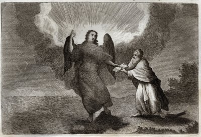 Biblia Royaumont, Nowy Testament: Wizja św. Jana. Wizja Anioła z Otwartą Księgą daje św. Janowi pożeranie go. Ilustracja z 1811 roku. autorstwa Unknown artist