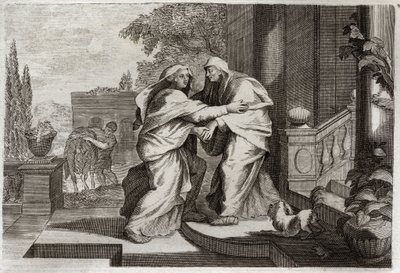 Biblia Royaumont, Nowy Testament: Nawiedzenie. Najświętsza Maryja Panna odwiedzi swoją kuzynkę Elżbietę. Ilustracja z 1811 roku. autorstwa Unknown artist