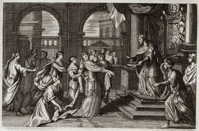 Biblia Royaumont, Stary Testament: Estera stanie przed królem Kserksesem I (Aswerusem I), z zamiarem uratowania swego ludu od grożącej mu śmierci. Ilustracja z 1811 roku. autorstwa Unknown artist