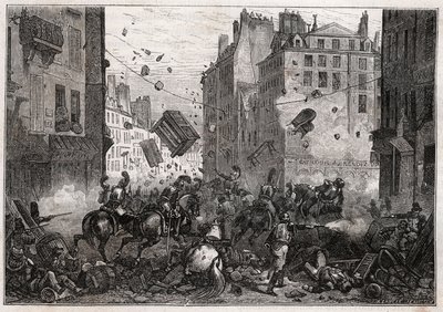 Rue Saint-Antoine podczas Trois-Glorieuses (lipiec 1830) - Rewolucja 1830 r. Barykada walcząca na rue Saint-Antoine (Saint Antoine) w 1830 r. autorstwa Unknown artist