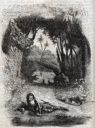 Ruggiero na wyspie Alcina, - 1851 rycina z poematu Orlando furioso (1516) Ludovico Ariosto, - Wydanie przetłumaczone z języka włoskiego przez hrabiego Tressan i opublikowane przez Gustave