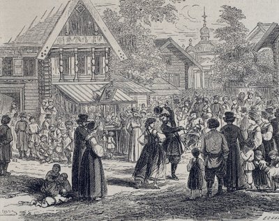 Rosja (XIX w.). Impreza w wiosce. 1879 (rycina) autorstwa Unknown artist