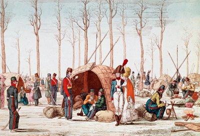 Rosyjscy żołnierze biwakujący na Polach Elizejskich, Paryż, Francja, 31 marca 1814 (rycina) autorstwa Unknown artist