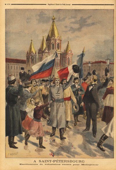 Rosyjscy ochotnicy w Sankt Petersburgu na francuską wyprawę z Madagaskaru. Grawer w „”Le petit journal”” 28.04.1895. Kolekcja Selvy. autorstwa Unknown artist